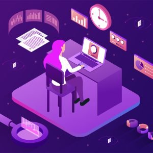Future of big data analysis, financial forecasting. Operation analyze, big data solution. Flat abstract metaphor cartoon vector illustration concept design online web banner on violet background