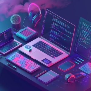 Web Dev & Design in 3D Vector Illustration Laptop, Phone, Coding Tools